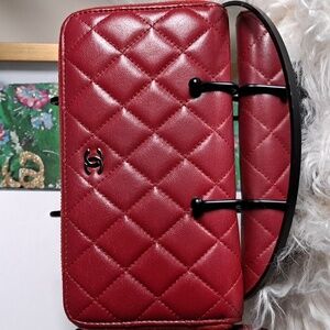 Chanel Red Quilted Cavier Zip Around Wallet With COA